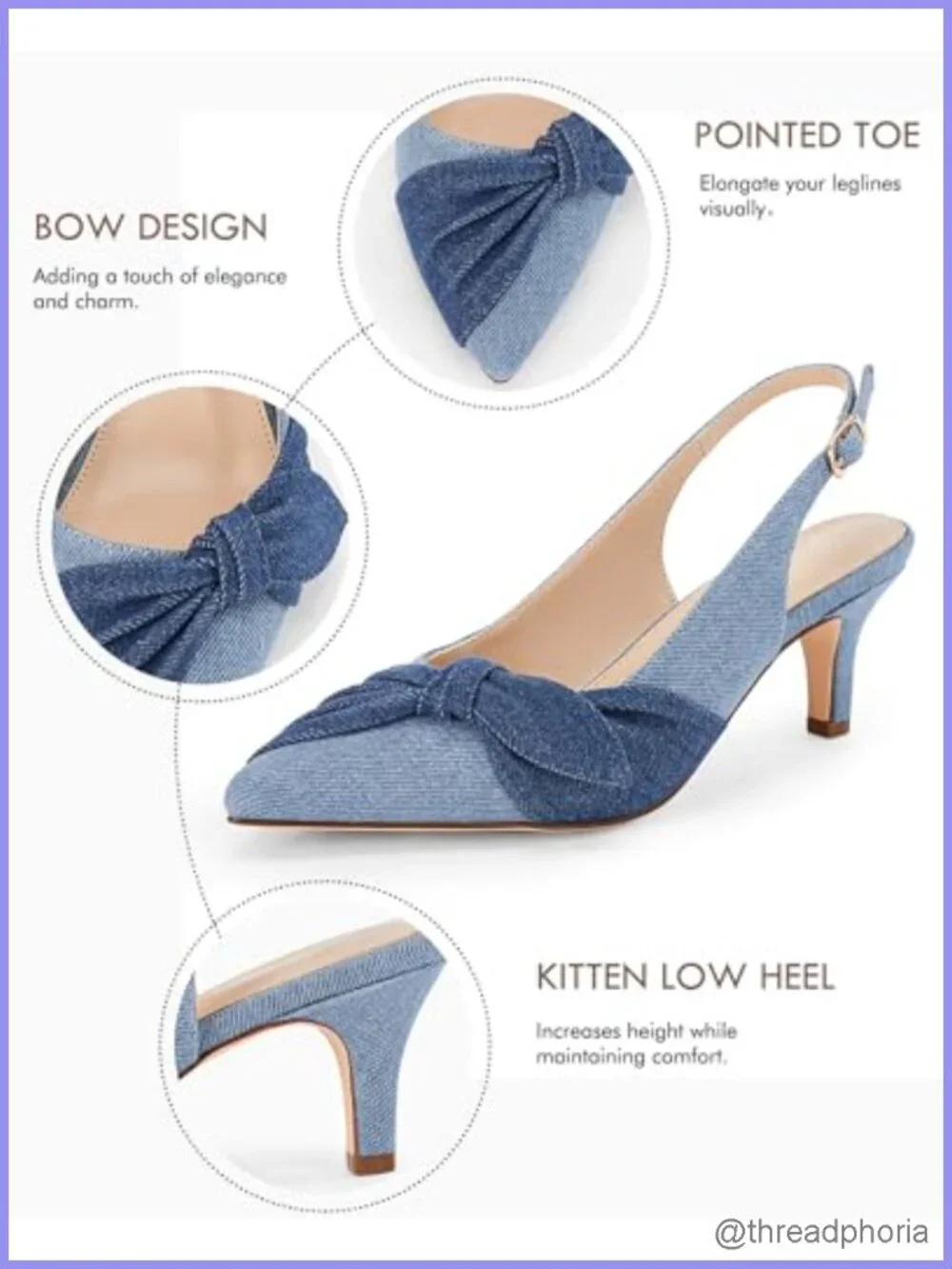 Coutgo Women's Denim Slingback Kitten Heels Peep-Toe Pumps Side Bow Knot
